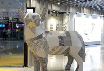 鏤空牛雕塑 幾何面不銹鋼鏤空動物雕塑