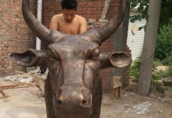 仿古牛頭雕塑廠家 戶外賓館小品 玄關彩繪牛頭雕塑