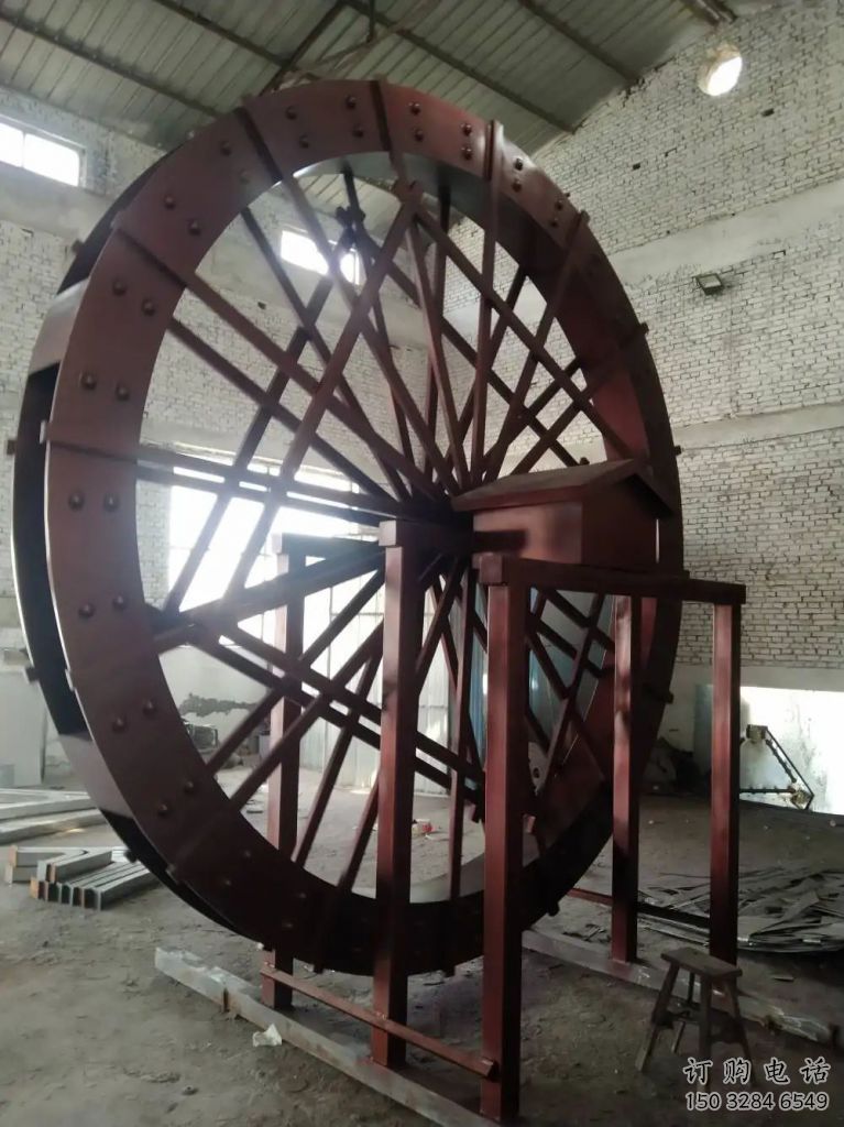 房地產水車雕塑廠家 鏤空創意擺件 現代不銹鋼水車雕塑加工廠