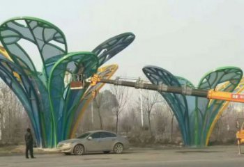 彩繪芭蕉葉雕塑廠家 鏤空創意擺件 街頭不銹鋼芭蕉葉雕塑廠