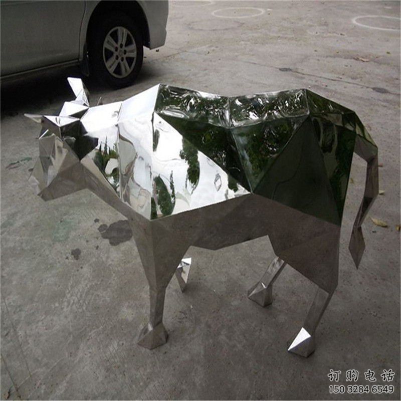 幾何牛雕塑 鏡面不銹鋼動物雕塑