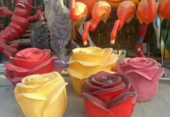 彩繪玫瑰花雕塑制作，景觀概念，廣場玻璃鋼玫瑰花雕塑常用