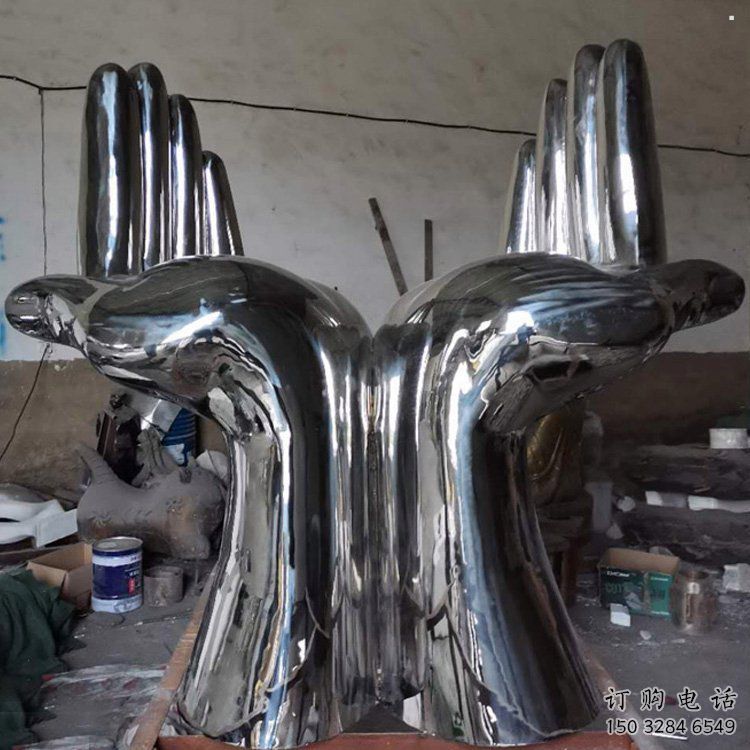 雙手雕塑廠家，酒店擺件，鏡面不銹鋼雙手雕塑訂做