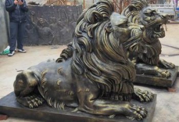 海北大型趴獅雕塑，仿銅動(dòng)物雕塑，玻璃鋼獅子雕塑制作